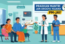 Ayushman Bharat PM-JAY health insurance scheme illustration showing family receiving free hospital treatment in India