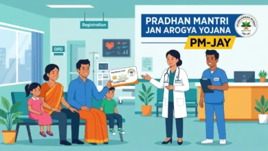 Ayushman Bharat PM-JAY health insurance scheme illustration showing family receiving free hospital treatment in India