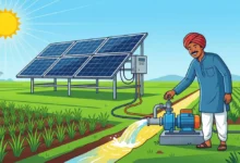 PM-KUSUM scheme solar irrigation pump for farmers with solar panels in agricultural field illustration