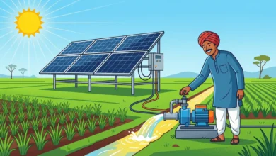 PM-KUSUM scheme solar irrigation pump for farmers with solar panels in agricultural field illustration