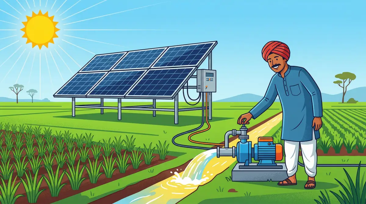 PM-KUSUM scheme solar irrigation pump for farmers with solar panels in agricultural field illustration