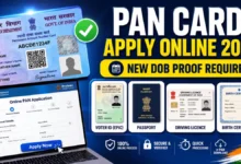 PAN Card Apply Online 2026 showing new DOB proof requirement with Voter ID, Passport, Driving Licence, Birth Certificate and online application process.