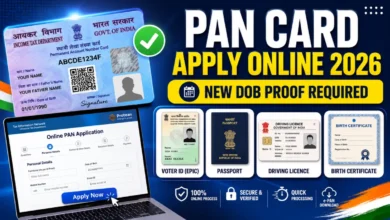 PAN Card Apply Online 2026 showing new DOB proof requirement with Voter ID, Passport, Driving Licence, Birth Certificate and online application process.